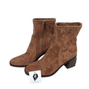 Anne Klein Women's Astrid Suede Comfort Modern Block Heel Tan Ankle Boots 8M